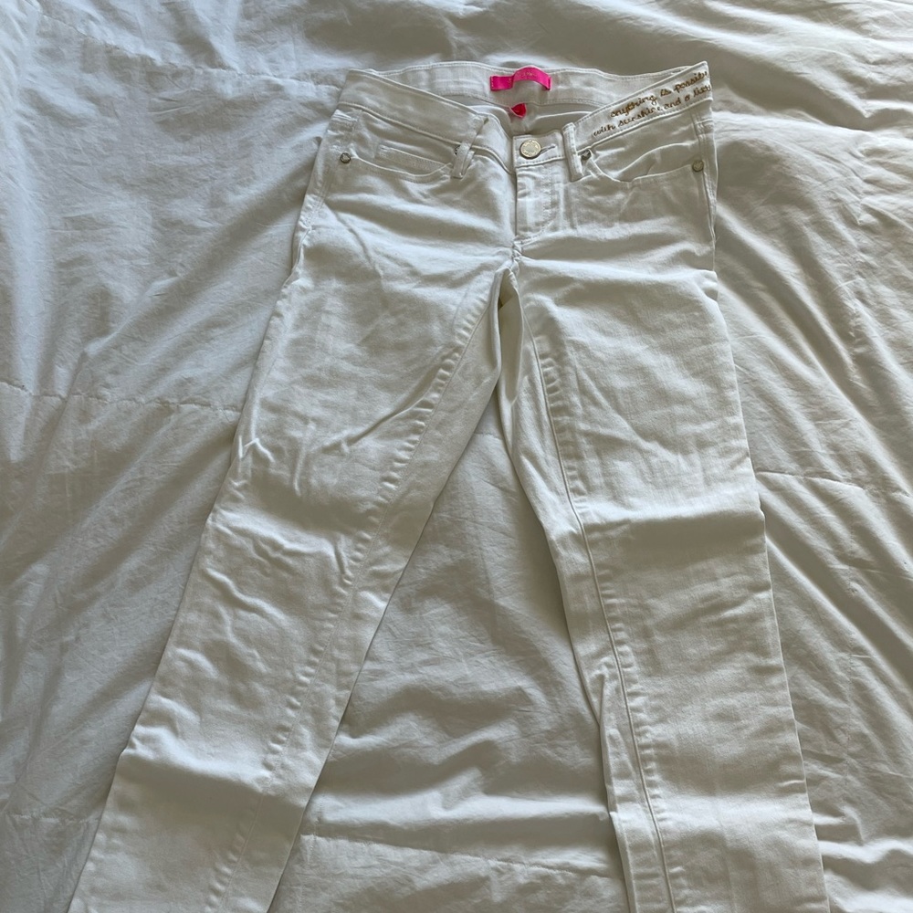 Lilly Pulitzer raw hem white jeans - gold quote on hip